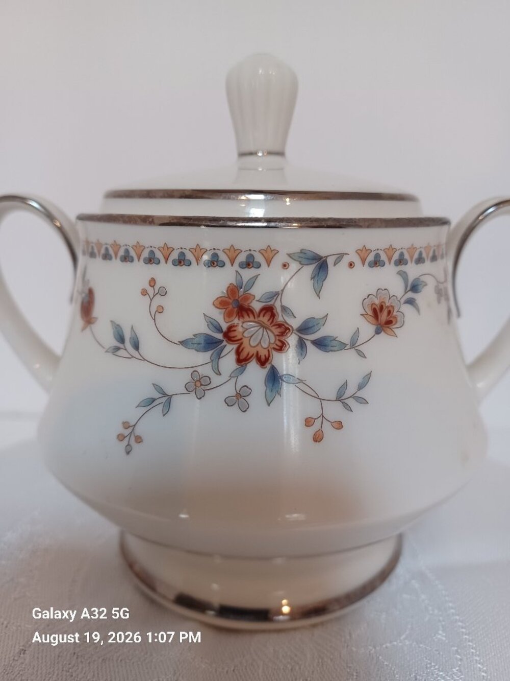 Noritake China Covered Sugar Bowl Adagio White, Rust, Blue, Silver Trim